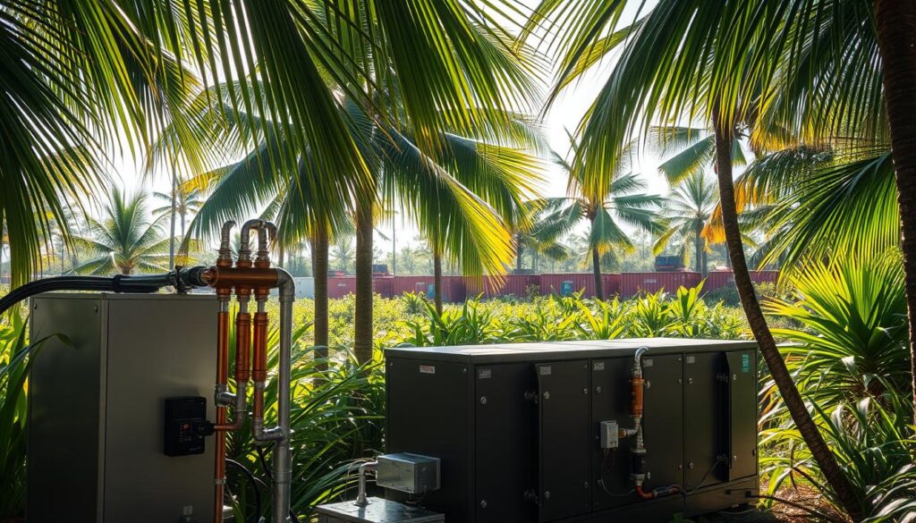A battery storage system situated in a lush, tropical wetland setting. In the foreground, a set of sleek, modern battery units with copper and silver accents, connected by intricate wiring and pipes. The middle ground features a backdrop of swaying palms, with sunlight filtering through the fronds, creating a dappled pattern on the ground. In the distance, the silhouettes of shipping containers can be seen, partially obscured by the thick foliage. The overall atmosphere is one of innovation and sustainability, with the battery system seamlessly integrated into the natural surroundings of the Pantanal wetlands.