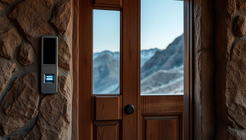 A biometric access control system installed on a sturdy wooden door in a remote mountain home in North Africa. The system features a high-resolution fingerprint scanner embedded in the door frame, backlit with soft ambient lighting. The door is made of weathered, textured stone in earthy tones, blending seamlessly with the surrounding mountainous landscape visible through a window. The system is designed to be rugged and weather-resistant, ensuring secure access for the home's inhabitants. The overall scene evokes a sense of privacy, security, and harmony with the natural environment.
