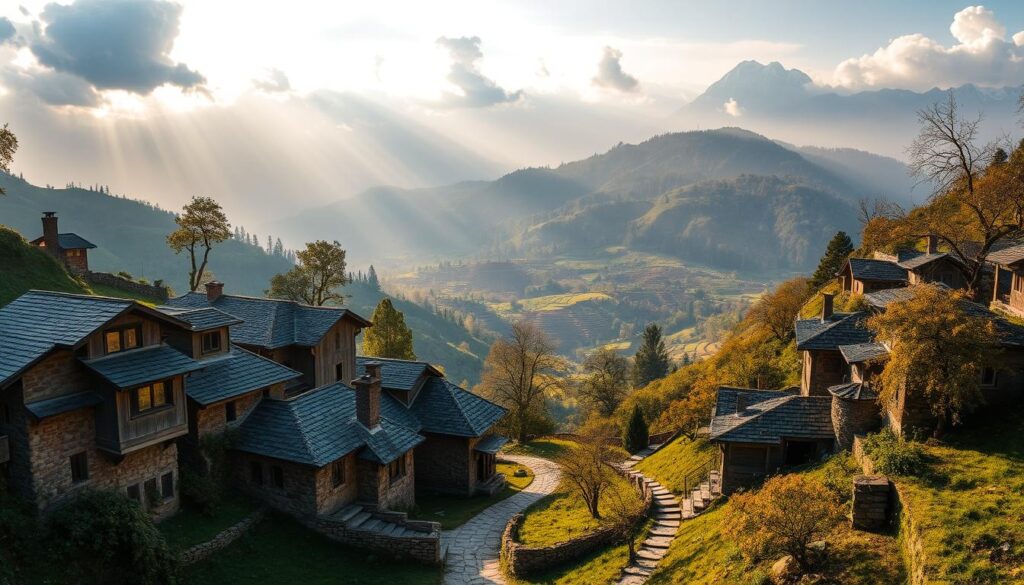 A breathtaking hillside village nestled in the lush Kashmiri landscape, bathed in warm, golden light filtering through wispy clouds. In the foreground, quaint mud-brick houses with slate roofs cling to the verdant slopes, their windows casting soft, glowing reflections. Winding paths meander through the village, connecting weathered stone structures and ancient trees draped in fragrant flowering vines. In the middle ground, terraced fields and orchards cascade down the undulating hills, their vibrant greens and autumnal hues creating a patchwork tapestry. The background is dominated by towering, snow-capped peaks that rise majestically into the hazy, azure sky, evoking a sense of timeless tranquility. An image that captures the essence of a cherished childhood memory, imbued with the haunting nostalgia of scents and sensations long forgotten.
