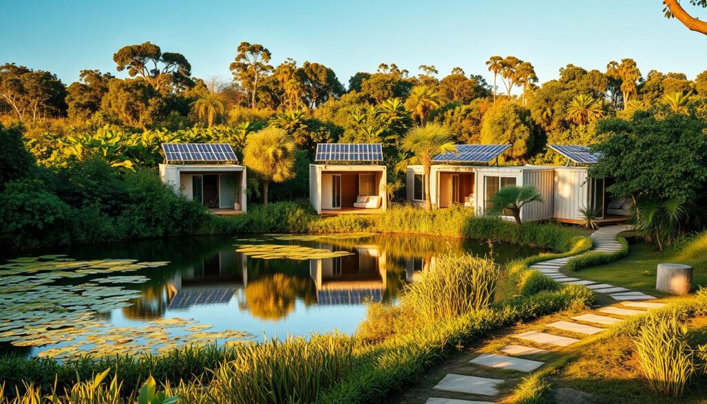 A cluster of sustainable shipping container homes nestled in the lush, verdant wetlands of Pantanal, Brazil. The containers are arranged in a harmonious, modern layout, their minimalist exteriors complemented by large windows that flood the interiors with natural light. Solar panels cover the rooftops, harnessing the abundant sunlight to power these off-grid dwellings. A tranquil pond reflects the surrounding flora, creating a serene, biophilic atmosphere. In the foreground, a small pathway winds through the landscaping, inviting exploration of this eco-friendly oasis. The scene is bathed in warm, golden afternoon light, captured with a wide-angle lens to showcase the scale and integration of these container homes within the stunning natural setting.