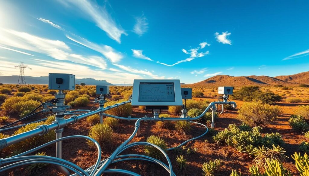 A complex network of automated irrigation valves, sensors, and control panels against a backdrop of lush, drought-resistant vegetation in the arid Karoo desert. Sunlight filters through wispy clouds, casting warm shadows on the landscape. The system's sleek, minimalist design blends seamlessly with the natural environment, showcasing cutting-edge technology tailored for sustainable water management. Intricate piping and tubing wind through the foreground, directing the precise flow of water to nourish the hardy, desert-adapted plants. In the middle ground, a central control module displays real-time data from the networked sensors, allowing for granular oversight and optimization of the irrigation process. This integrated, sensor-driven system represents the future of efficient, eco-friendly irrigation in water-scarce regions.