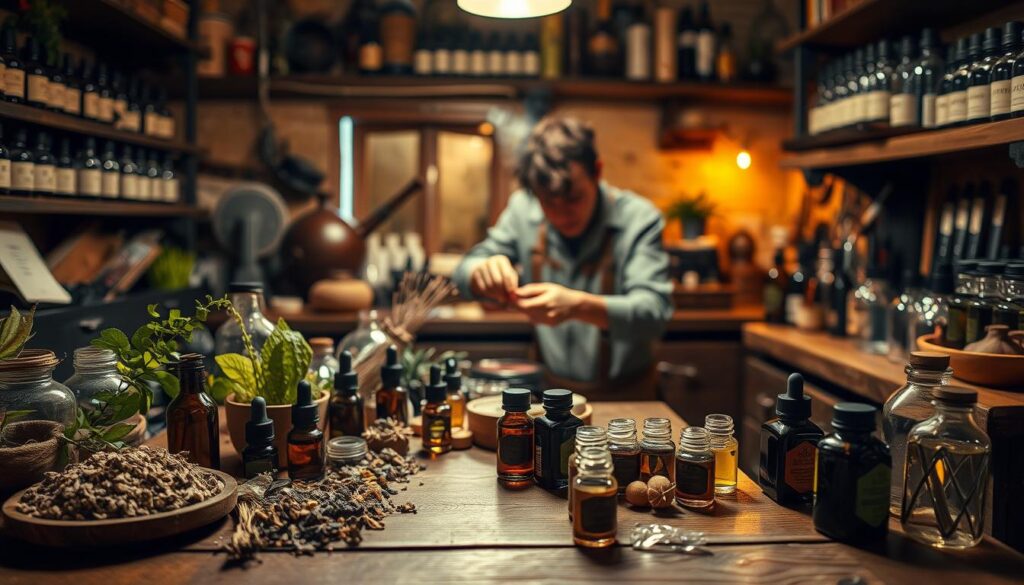 A cozy and intimate workspace where a skilled artisan carefully blends a symphony of scents. In the foreground, a wooden table holds an array of fragrant botanicals, essential oils, and small jars of aromatic compounds. Warm, indirect lighting casts a soft, inviting glow, highlighting the intricate textures and hues of the materials. In the middle ground, the artisan's hands gracefully manipulate the ingredients, finding the perfect balance and creating a unique, captivating aroma. The background features rustic shelves lined with labeled vials and bottles, hinting at the depth of knowledge and experimentation involved in this craft. An atmosphere of concentration, creativity, and sensory delight permeates the scene.