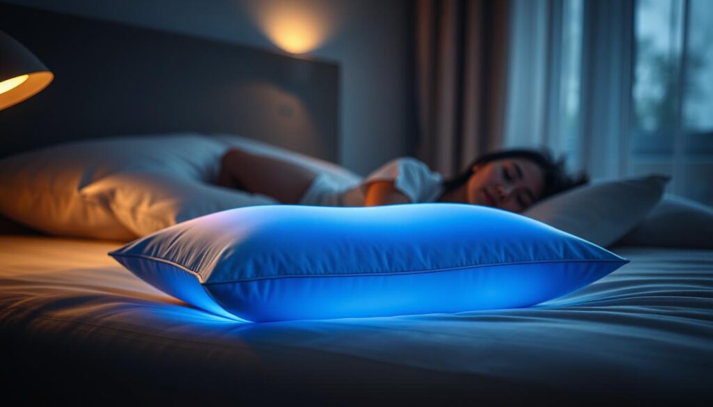 A cozy bedroom scene, dimly lit by a warm bedside lamp. In the foreground, a smart pillow rests on a plush, inviting mattress, its soft fabric glowing with a soothing blue hue. The pillow's advanced sensors monitor the sleeper's brainwaves, tracking their dream state. In the middle ground, a person lies peacefully, their face serene and relaxed, their breathing slow and steady. The background is blurred, but hints at a tranquil, nature-inspired setting, with soft curtains and a glimpse of a starry night sky outside the window. The overall atmosphere is one of deep, restful sleep and technological harmony, capturing the essence of "sleep enhancement" in a visually compelling way.