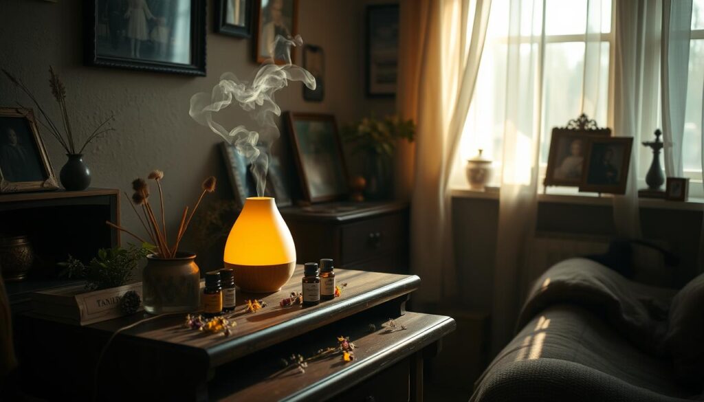A cozy, dimly-lit room filled with the soft glow of a scent diffuser. On a wooden side table, an array of essential oils and scattered dried flowers evoke memories of childhood. Wisps of aromatic vapor swirl through the air, evoking the comforting scents of a cherished family home. Sunlight filters in through sheer curtains, casting a warm, nostalgic hue. Vintage photographs and trinkets adorn the space, creating an intimate, inviting atmosphere perfect for a moment of mindful reflection.