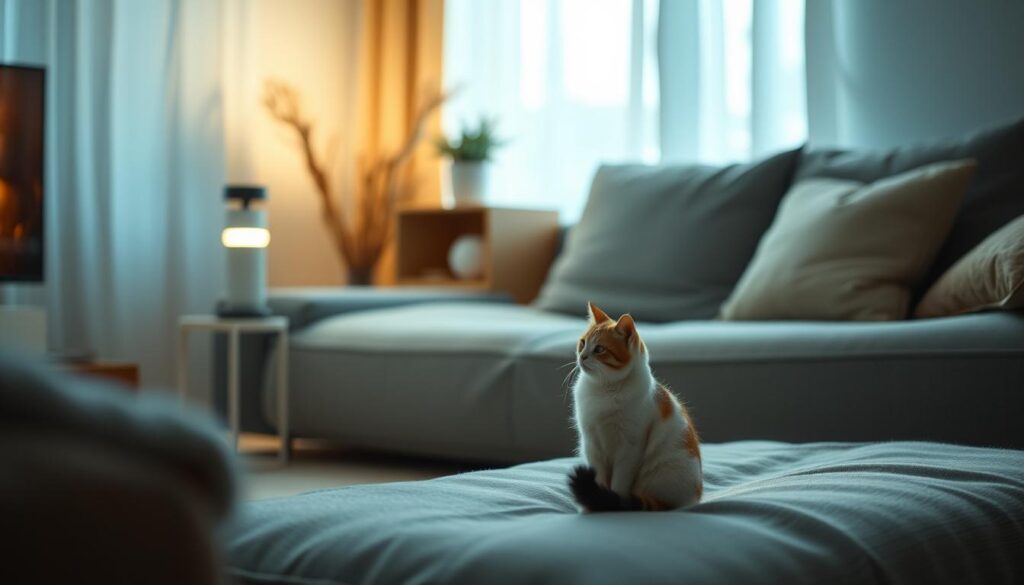 A cozy living room, bathed in soft, diffused light from a minimalist, pet-sensing lamp. The lamp's sleek, unobtrusive design is complemented by a subtle glow that responds to the subtle shifts in a cat's emotional state, capturing the nuanced interplay between pet and home environment. Delicate electronic sensors unobtrusively monitor the cat's behavior, translating its silent signals into a gentle, ambient light that ebbs and flows, creating an intimate and empathetic atmosphere. The room is adorned with natural textures and muted tones, fostering a sense of serenity and understanding, as if the home itself is attuned to the pet's needs and emotions.