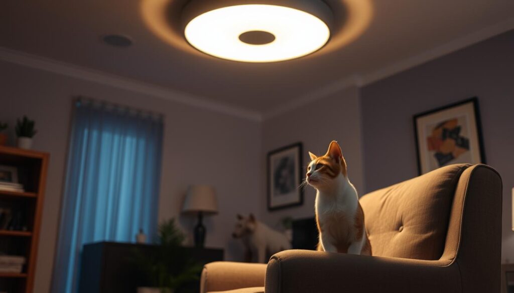 A cozy room with a sleek, modern ceiling light fixture that glows and changes color in response to the emotional state of a nearby cat. The light softly illuminates the room, casting a warm, soothing ambiance. The cat sits calmly on a plush armchair, its body language and facial expression conveying a sense of serene tranquility. The light's intensity and hue fluctuate gently, mirroring the cat's emotional shifts. Subtle shadows and highlights accentuate the light's dynamic, emotion-reactive nature. The scene exudes a harmonious, technology-enhanced domestic atmosphere.