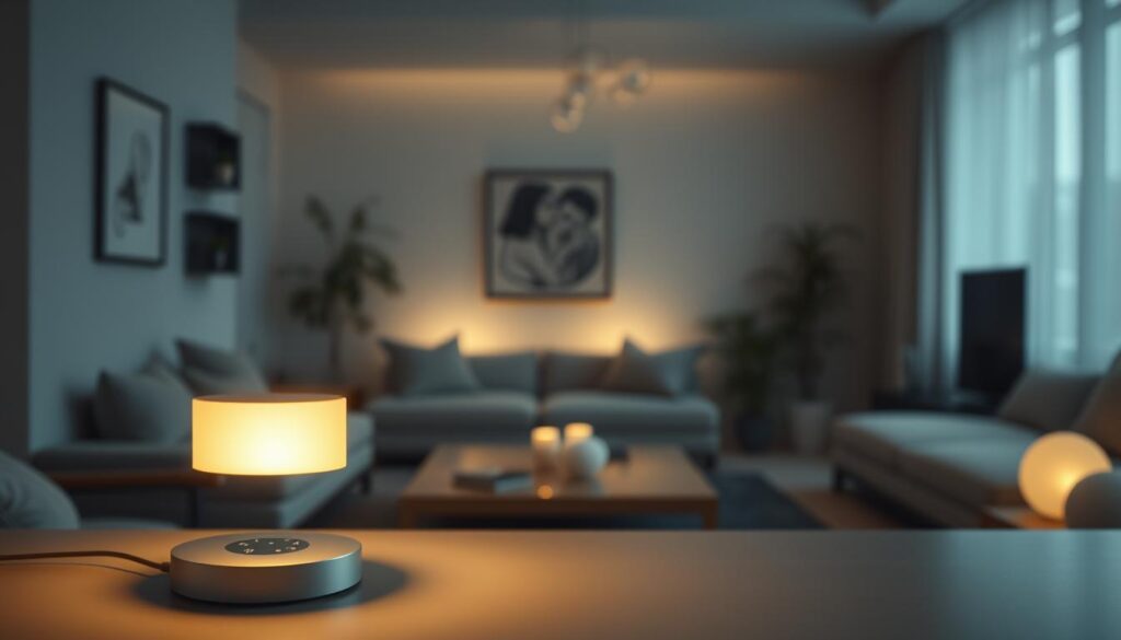 A cutting-edge lighting system responsive to emotional states, bathing a tranquil living space in a soft, ambient glow. In the foreground, a sleek, minimalist lamp with a discreet sensor array, its surface reflecting the warm radiance. Surrounding it, a meticulously designed interior with muted, earthy tones and natural textures, creating a serene, contemplative atmosphere. In the background, subtle shifts in illumination, subtly echoing the unseen emotional fluctuations of the room's occupant, a technological harmony of man and machine.