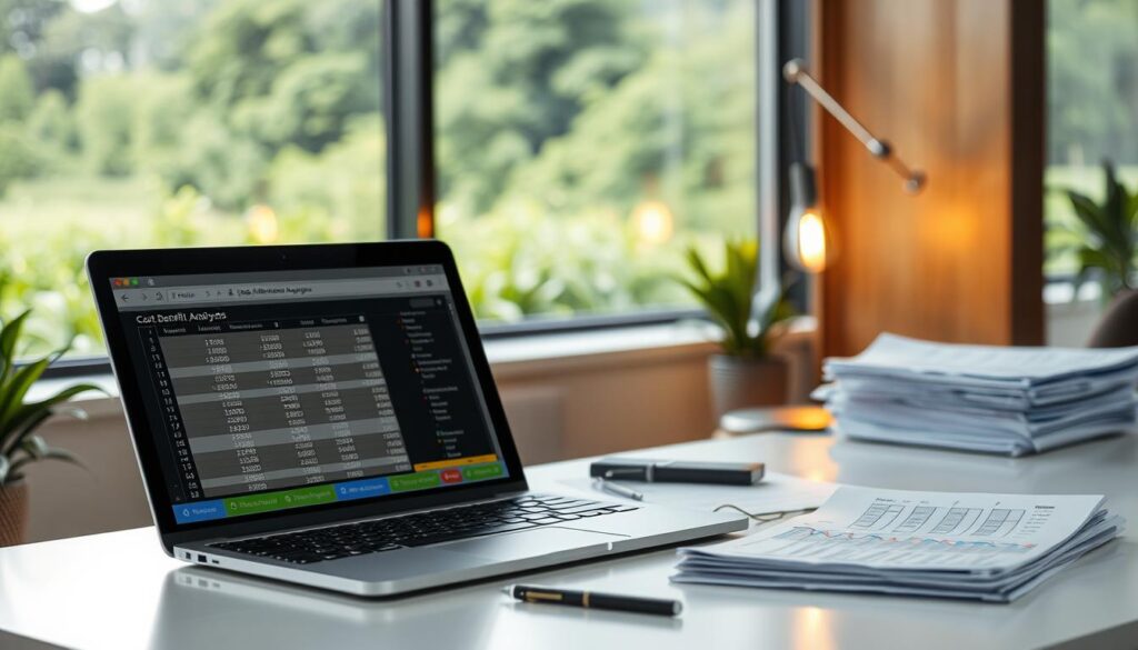 A detailed cost-benefit analysis presented on a sleek, modern desk. In the foreground, a laptop displays an interactive spreadsheet, the numbers and formulas meticulously laid out. Beside it, a stack of papers with carefully annotated calculations. In the middle ground, a stylish office lamp casts a warm glow, illuminating the scene. In the background, a large window overlooking a verdant, lush landscape, suggesting the integration of sustainable elements. The overall atmosphere is one of professionalism, precision, and a thoughtful consideration of economic factors.