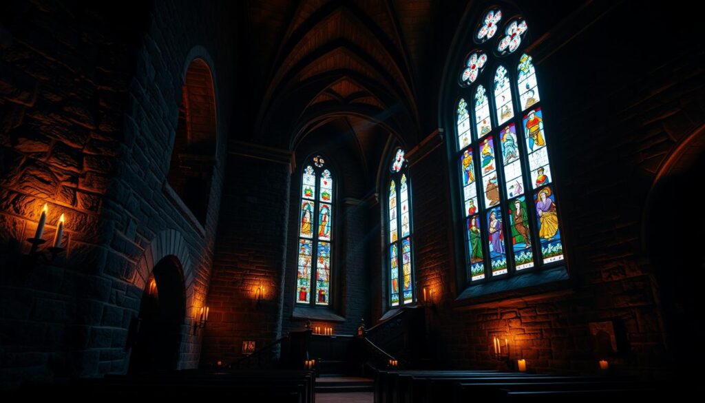 A dimly lit historic stone church interior, with warm ambient lighting casting a soft glow across the aged stone walls and arched ceilings. Scattered candles flicker, casting dancing shadows that accentuate the textured surfaces. Stained glass windows filter in rays of multicolored light, painting the space with a serene, ethereal ambiance. The atmosphere is one of contemplative tranquility, inviting a sense of timeless reverence. The camera angle captures a sweeping view that highlights the architectural grandeur, with a shallow depth of field to focus the viewer's attention on the delicate interplay of light and shadow.