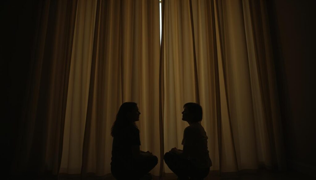 A dimly lit room with floor-to-ceiling curtains swaying gently, their movements responding to the changing voices of the occupants. In the foreground, two people sit facing each other, their expressions curious and intent as they interact with the responsive curtains. The curtains appear to billow and ripple in sync with the modulations of their speech, creating an almost mystical, immersive experience. Soft, warm lighting casts a cozy glow, enhancing the sense of wonder and discovery. The scene conveys a sense of intimate, interactive exploration, as the users delightfully experiment with the unique and unexpected capabilities of the voice-interpreting curtains.