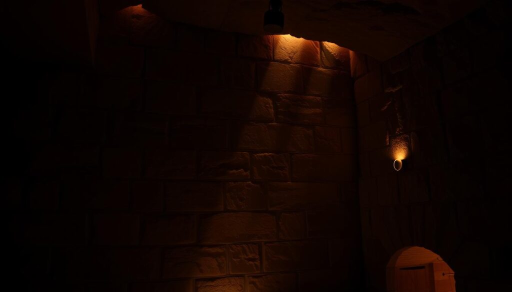 A dimly lit stone interior, warm ambient lighting subtly illuminating the space. Sleek modern audio speakers seamlessly integrated into the architecture, their hidden LED lights pulsing in sync with ambient music. Narrow beams of light cascade down the stone walls, creating a serene, atmospheric effect. The room's natural textures and earthy tones are highlighted, with the lighting accentuating the depth and character of the space. A sense of harmony between technology and traditional design, creating a cozy, inviting atmosphere perfect for quiet contemplation or relaxation.