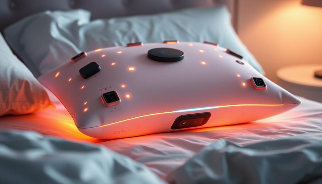 A futuristic smart pillow, its surface adorned with an array of sensors and embedded technology. Sleek, minimalist design with a soft, inviting texture. Warm, ambient lighting emanates from within, casting a soothing glow. High-resolution cameras and microphones discretely monitoring sleep patterns and brain activity. Cutting-edge algorithms analyze the data, detecting signs of restless or troubled sleep. Subtle vibrations and temperature adjustments gently rouse the sleeper, providing a more restful, restorative experience. The pillow's intelligent system seamlessly syncs with a mobile app, delivering insights and personalized recommendations. A testament to the power of advanced sensing technology in the pursuit of better sleep and wellbeing.