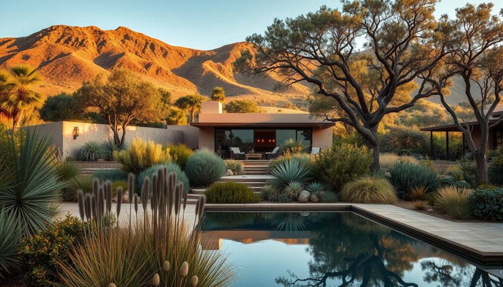 A lush, drought-resistant villa landscape in the Karoo Desert, South Africa. An expansive, sun-drenched vista with a modern, earth-toned villa nestled amidst a carefully curated array of native, water-wise plants. Rugged, undulating terrain in the background, bathed in warm, golden hour lighting. Weathered, textured walls juxtaposed with sleek, contemporary architecture. A serene, reflective pool in the foreground, its surface mirroring the surrounding vegetation. Intricate, low-maintenance xeriscaping featuring hardy succulents, grasses, and shrubs adapted to the arid climate. Sunlight filters through the canopy of drought-resistant trees, casting dappled shadows across the scene. An atmosphere of tranquility and sustainability, where man and nature coexist in harmonious balance.