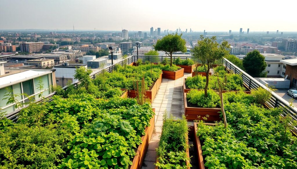 A lush green rooftop garden atop a modern residential building, showcasing a variety of thriving plants, herbs, and small trees. The foreground features neatly arranged raised garden beds with healthy, vibrant foliage. In the middle ground, a neatly paved path winds through the greenery, with solar-powered lamps lining the walkway. The background reveals expansive views of a distant cityscape, hinting at the integration of this eco-friendly rooftop technology within an urban environment. The overall scene exudes a sense of sustainability, tranquility, and harmony between nature and modern architecture, captured under warm, diffused lighting that casts soft shadows across the scene.