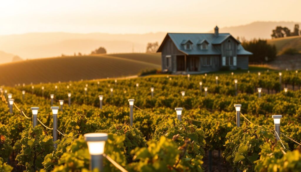 A lush vineyard landscape at golden hour, with rows of vines stretching across rolling hills. In the foreground, a network of sleek, modern wireless smart lights gently illuminate the scene, casting a warm, ambient glow. The lights are seamlessly integrated into the environment, their minimalist design complementing the rustic charm of the vineyard. In the middle ground, a weathered wooden barn stands silhouetted against the fading sunlight, its roof adorned with additional smart lights that accentuate its architectural features. The background is hazy with the soft, diffused light of the setting sun, creating a serene and atmospheric atmosphere. The entire composition conveys a sense of harmony between technology and nature, highlighting the potential for wireless smart lighting systems to enhance the ambiance of traditional wine-growing regions.