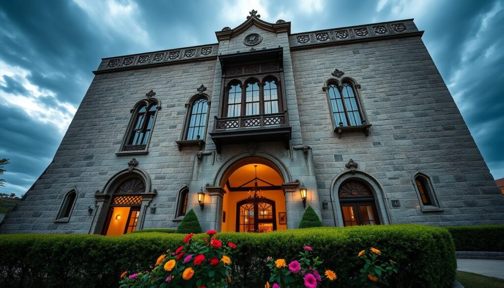 A majestic stone building, its weathered facade standing tall against a moody sky. Thick walls of gray stone, accented by intricate carvings and arched entryways. Light streams in through tall windows, casting a warm glow on the interior. Wooden beams and ornate details hint at the building's historic past. In the foreground, a well-tended garden with vibrant flowers and neatly trimmed hedges, creating a sense of tranquility. The image conveys a harmonious blend of the old and the new, with a focus on the unique architectural elements that define this historic structure. Shot with a wide-angle lens to capture the full grandeur of the scene, the image exudes a sense of timeless elegance.