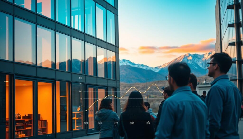 A modern commercial building with smart windows, its facade highlighted by warm natural lighting. In the foreground, a group of people examining the windows, discussing their energy-saving capabilities and cost-saving implications. In the middle ground, a graph or chart illustrates the potential economic benefits of the smart window technology. The background features a scenic mountain landscape, alluding to the high-altitude Pamir region. The overall atmosphere conveys a sense of innovation, sustainability, and the practical application of smart building solutions.
