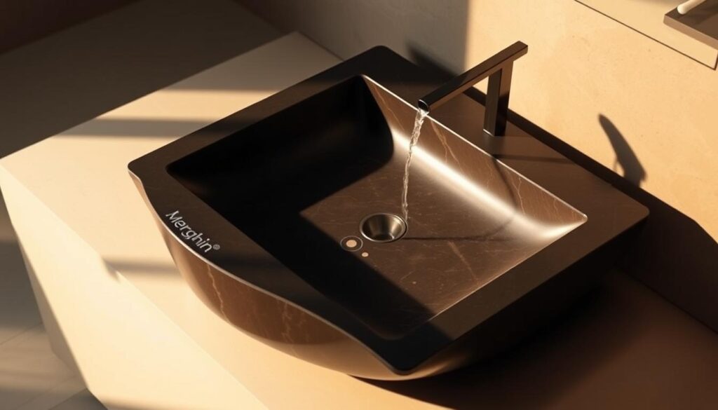 A modern, minimalist sink design in the Merghin style, featuring a sleek, rectangular basin carved from a single block of smooth, onyx-like stone. The surface is dotted with a grid of subtle depressions that gently illuminate, each one activating a different soap scent as water flows over them. Soft, indirect lighting casts warm shadows, highlighting the sink's clean lines and the play of light on the dark, polished material. The overall effect is one of understated elegance and an air of mystical, almost ritualistic functionality.