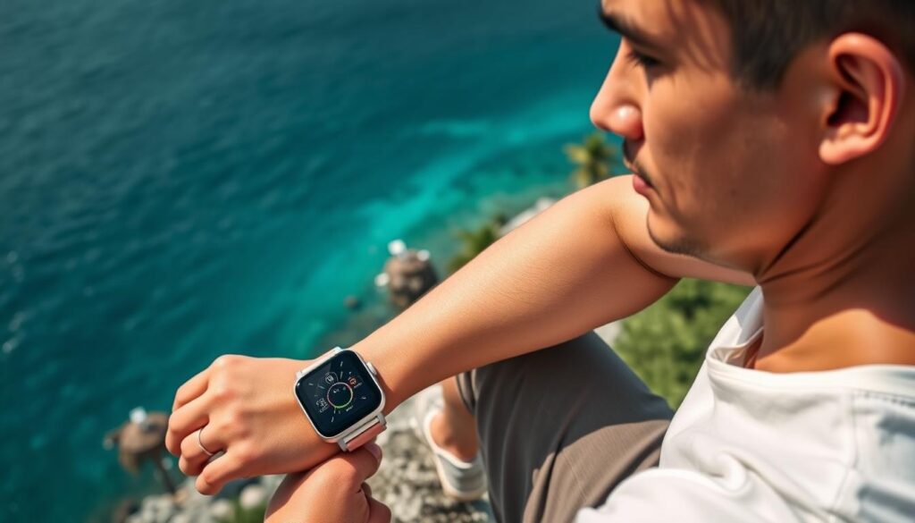 A person wearing a sleek, futuristic Qewin Island smartwatch on their wrist, sitting on a rocky cliff overlooking a serene, azure ocean. The watch face displays detailed health and activity data, with the user's expression conveying a mixture of concentration and wonder. Soft, diffused lighting illuminates the scene, creating a calming atmosphere. The background features the lush, verdant landscape of Qewin Island, with palm trees swaying gently in the ocean breeze. The overall composition emphasizes the seamless integration of technology and nature, reflecting the island's unique user experience.
