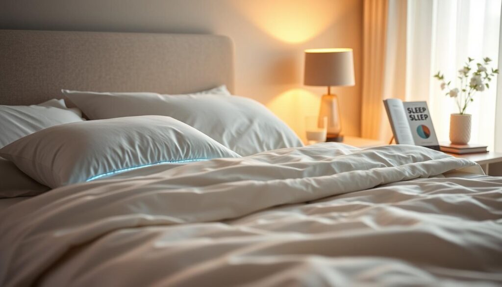 A serene bedroom scene, bathed in soft, warm lighting. In the foreground, a plush, inviting bed with crisp, white sheets and a cozy comforter. On the bedside table, a sleep-tracking smart pillow glows gently, its sensors monitoring the user's sleep patterns. The middle ground features a minimalist nightstand, a glass of water, and a book on sleep hygiene. The background showcases a calming, neutral-toned wall, with a simple piece of art or a softly illuminated plant, creating a tranquil, sleep-inducing ambiance. The overall mood is one of comfort, relaxation, and mindfulness, encouraging the viewer to prioritize healthy sleep habits.