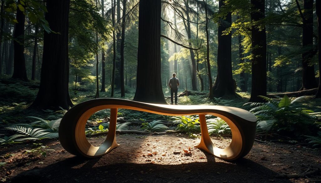 A shapeshifting wooden desk in the center of a tranquil forest glade, the surface subtly undulating and morphing as if reacting to the wandering thoughts of the daydreaming user. Dappled sunlight filters through the canopy, casting a warm, contemplative glow on the desk's organic, ever-changing form. The desk's legs sway gently, almost as if the entire structure is breathing in sync with the person sitting at it. The background is a lush, verdant forest, with towering trees and a carpet of ferns and moss, creating a serene, nature-inspired atmosphere conducive to focused, creative work.