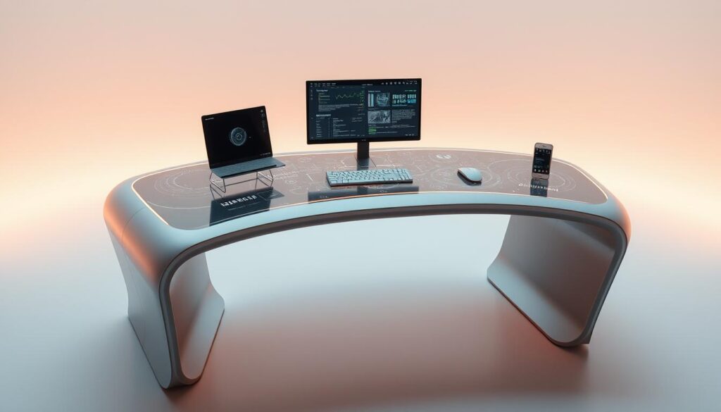A sleek, futuristic desk with a seamless neural interface, its surface shimmering with a soft, ambient glow. Holographic displays and haptic controls float above the workspace, allowing for effortless manipulation of digital content. The desk's edges appear to bend and warp, as if responding to the user's subconscious thoughts and daydreams. Indirect lighting casts a warm, contemplative atmosphere, inviting deep focus and creative exploration. Smooth, metallic surfaces and clean lines convey a sense of advanced technology harmoniously integrated into the workspace, elevating the user's experience and productivity.