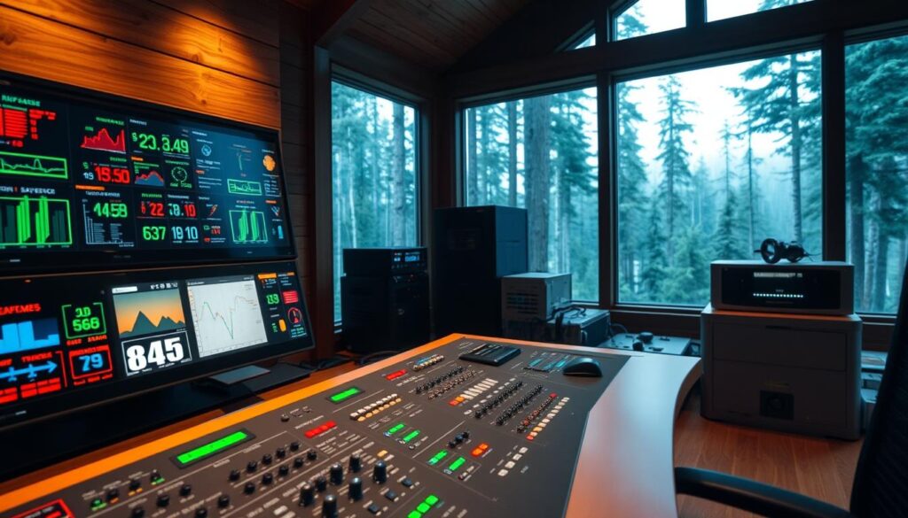 A sleek, modern control panel with a grid of digital displays and indicators, illuminated by soft, even lighting. In the foreground, various sensor readings and system statuses are shown, reflecting the remote monitoring of environmental conditions in a secluded wooden cabin. The middle ground features high-tech hardware components and cooling systems, hinting at the advanced technological infrastructure supporting the remote operations. The background showcases a serene, forested landscape through large windows, creating a harmonious blend of nature and technology.