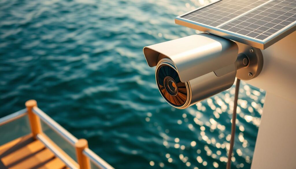 A sleek, modern solar-powered security camera mounted on a floating home's exterior, its lens trained on the serene waters of the Lagos Lagoon. The camera's metallic casing gleams in the warm, golden sunlight, complementing the home's minimalist architectural design. Intelligent algorithms analyze the camera's high-definition footage, detecting and tracking any movement or anomalies with precision. The system is self-sufficient, harnessing renewable energy from the abundant sunshine, ensuring reliable, eco-friendly surveillance for the residents of this unique, floating community.