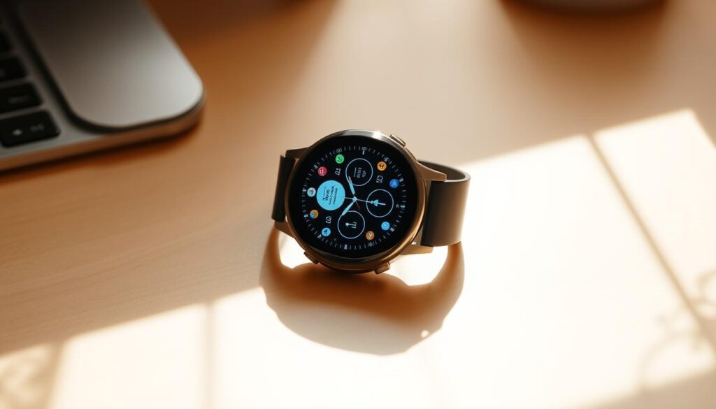 A smartwatch rests on a minimalist wooden desk, its screen illuminated with a vibrant digital display. The device is surrounded by a pristine white background, casting soft shadows that add depth and dimension. The watch face showcases a clean, intuitive interface, with icons and symbols subtly hinting at its range of features. Warm, natural lighting filters in from an unseen source, creating a serene, contemplative atmosphere. The composition emphasizes the watch's sleek, futuristic design, inviting the viewer to imagine the possibilities of this advanced wearable technology.