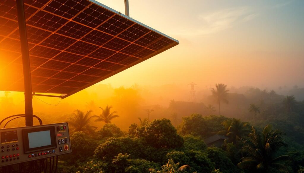 A solar array bathed in warm, golden light, suspended above a lush, verdant landscape. In the foreground, intricate control panels and monitoring systems track the flow of energy, their displays glowing softly. The background is shrouded in a misty, high-humidity haze, with distant silhouettes of palm trees and other tropical foliage. The scene radiates a sense of harmonious integration between technology and the natural environment, showcasing the resilience and adaptability of solar power in challenging, high-moisture conditions.