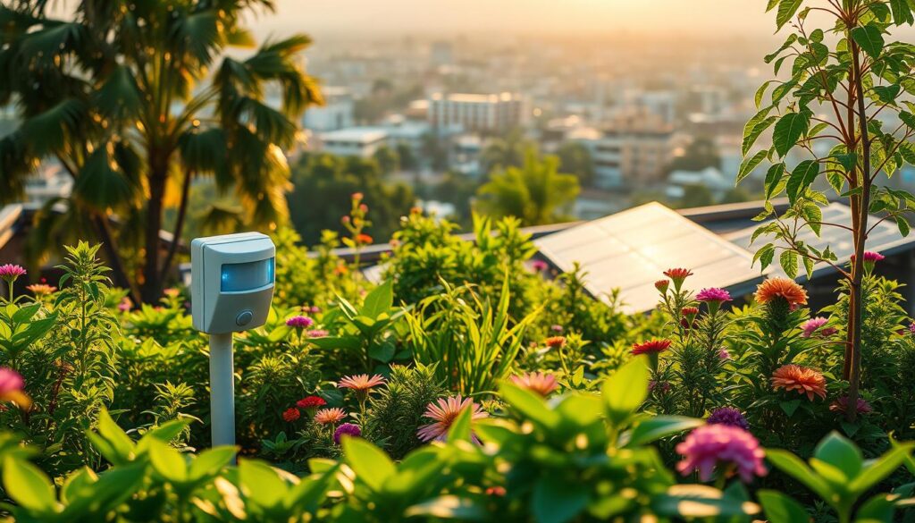 A tranquil green rooftop garden, filled with lush vegetation and vibrant flowers, bathed in warm golden sunlight. In the foreground, a sleek, minimalist motion sensor blends seamlessly into the natural landscape, its soft blue indicator light pulsing gently. The middle ground showcases a harmonious integration of technology and nature, with solar panels discreetly incorporated into the rooftop design, generating clean, renewable energy. In the background, the cityscape fades into the distance, emphasizing the self-sustaining, eco-friendly nature of this remote residential community in Kepahiang, Indonesia.