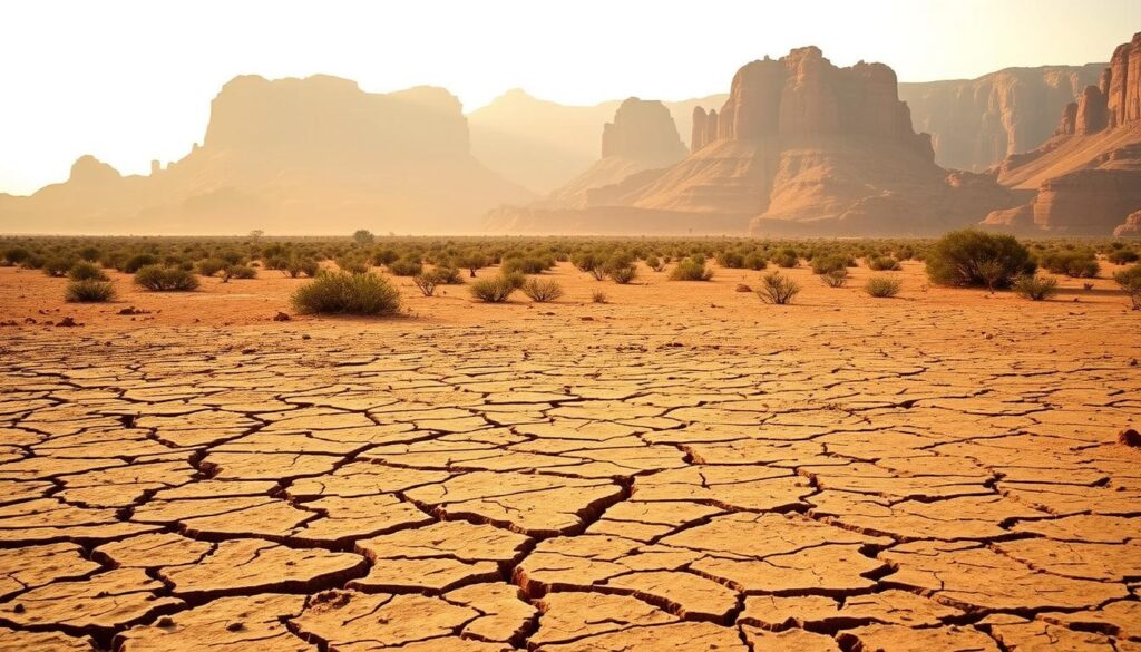A vast, arid landscape stretches out, dominated by the ancient Karoo Aquifer System. In the foreground, a dry, cracked earth reveals the signs of a thirsty land. Towering sandstone formations rise in the distance, their rugged edges illuminated by warm, golden light filtering through a hazy sky. Sparse, drought-resistant vegetation clings to the parched soil, a testament to the resilience of this harsh environment. The scene conveys a sense of solitude and the ever-present need to understand and manage the precious groundwater resources that sustain life in the Karoo Desert.
