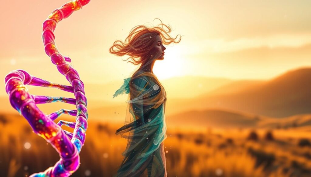 A vibrant, multicolored DNA helix floats in the foreground, pulsing with ethereal energy. In the middle ground, an abstract figure composed of swirling, emotive brushstrokes depicts the human form, its expression a kaleidoscope of shifting moods. The background is a dreamlike landscape, bathed in warm, golden light that casts a serene, contemplative atmosphere. Wisps of color and light dance around the scene, creating a sense of interconnectedness between the genetic code and the emotional state. The overall composition conveys the deep, intrinsic link between our ancestral heritage and the ebb and flow of our inner emotional landscapes.