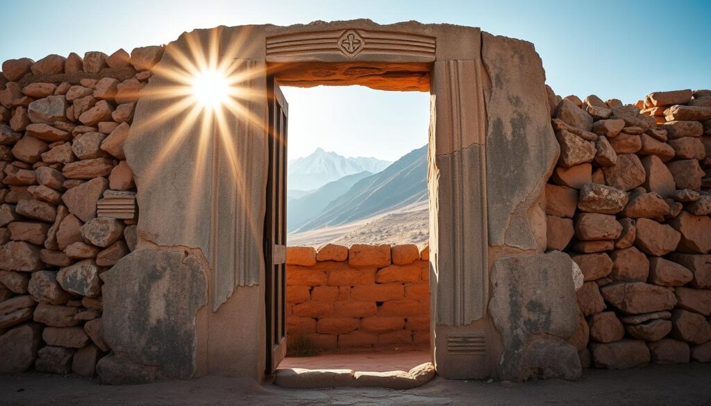 A weathered stone doorway, standing tall amidst the rugged landscape of Aït Bouguemez, Morocco. The doorframe is crafted from sturdy, gray limestone, its intricate carvings and patterns a testament to the skilled hands of local artisans. Sunlight cascades through the opening, casting warm, golden hues upon the worn, textured surface. Surrounding the doorway, the middle ground features a traditional mud-brick wall, its earthy tones blending seamlessly with the natural environment. In the background, the majestic Atlas Mountains rise, their snow-capped peaks reaching towards the azure sky. The overall scene exudes a sense of timeless, rural tranquility, ready to welcome the integration of modern biometric technology.