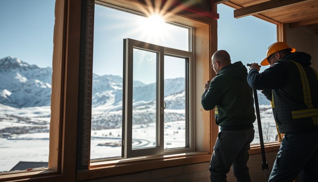 A well-lit, detailed scene of a smart window installation in a high-altitude Pamir settlement. The foreground shows the window frame being carefully measured and marked by two workers, using precise tools. The middle ground reveals the window unit itself, a sleek, modern design with UV-reflective glass. In the background, the snow-capped Pamir mountains loom, casting a serene, alpine atmosphere. Sunlight streams in through the window, illuminating the work area. The overall mood conveys a sense of meticulous, technical expertise required for this specialized installation.