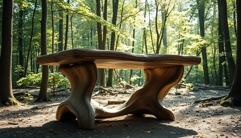 A wooden desk with a textured, organic surface sits in a sunlit forest clearing. The desk's shape shifts and warps, as if it's alive, responding to the daydreaming visitor's imagination. Sustainably sourced materials like smooth, gnarled branches, recycled metals, and polished river stones form the desk's base and sculptural frame, blending seamlessly with the natural environment. Soft, diffused lighting filters through the forest canopy, casting gentle shadows and highlights that accentuate the desk's fluid, metamorphic form. The scene evokes a sense of wonder, inviting the viewer to pause, observe, and let their mind drift into the realm of possibility.