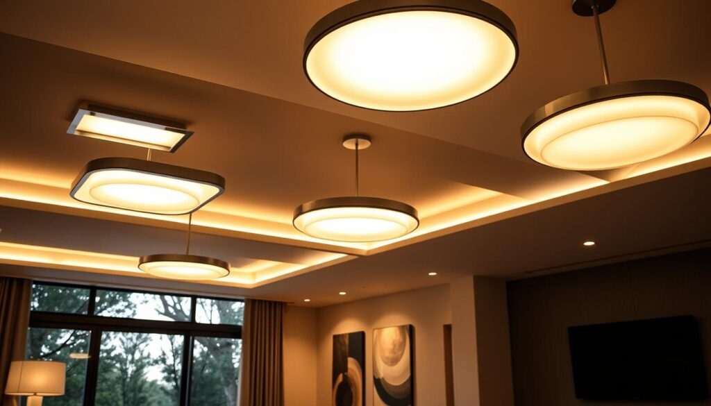 An interior design scene showcasing a modern and energy-efficient smart lighting system for an art deco-style one-story home in the Penedès region. In the foreground, sleek and minimalist light fixtures are seamlessly integrated into the ceiling, casting a warm, ambient glow across the room. The middle ground features a mix of task and accent lighting, strategically placed to highlight architectural details and artwork. In the background, large windows allow natural light to flood the space, complementing the smart lighting controls that enable precise dimming and color temperature adjustments. The overall atmosphere conveys a sense of elegance, sophistication, and technological innovation, perfectly suited for the Penedès home.