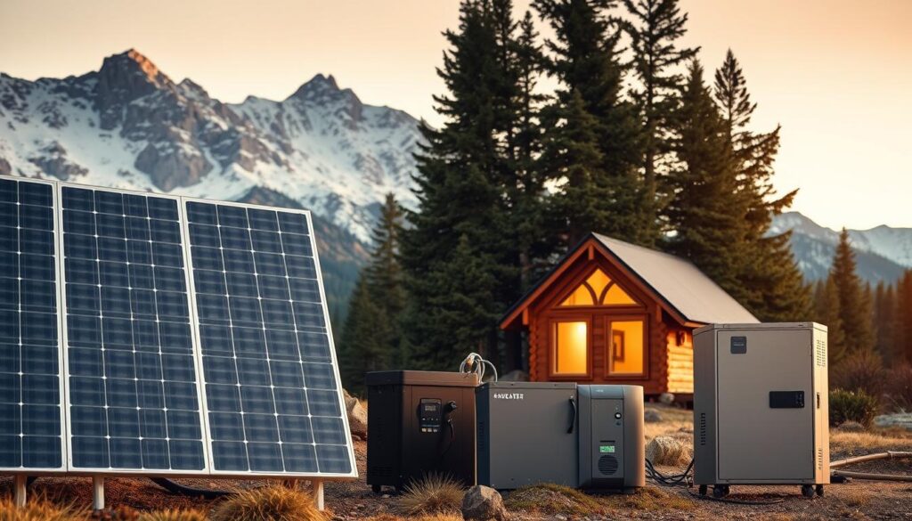 An off-the-grid power system in a remote wilderness setting. In the foreground, a modern solar panel array stands against a backdrop of rugged, snow-capped mountains. Nearby, a sleek battery bank and inverter system are neatly arranged, their metallic surfaces gleaming in the soft, natural light. In the middle ground, a small, sustainable wooden cabin nestles into the lush, evergreen forest, its windows aglow with the warm light of self-generated power. The scene is bathed in a peaceful, golden hour ambiance, conveying a sense of harmony between technology and nature. The composition is balanced, with the power equipment, cabin, and landscape elements working together to create a cohesive, environmentally-conscious vision of modern, off-grid living.