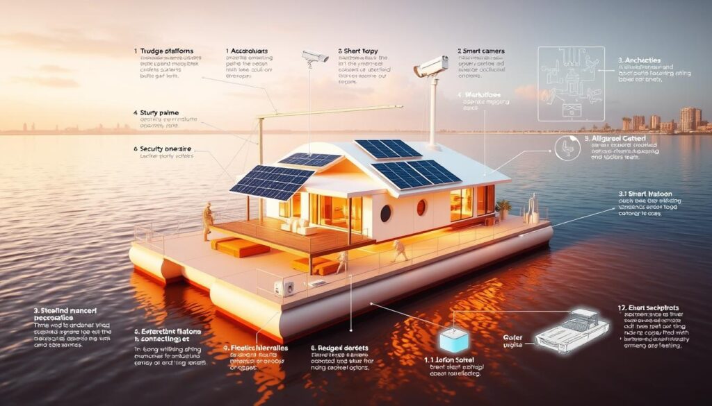 Detailed architectural schematic of a floating structure, featuring a sturdy platform supported by pontoons and stabilized by mooring lines. The platform showcases solar panels, security cameras, and other smart home technologies. The scene is bathed in warm, golden lighting, creating a sense of tranquility and practicality. The background depicts a serene lagoon, with gently lapping waves and a skyline of distant buildings. Technical diagrams and schematics illustrate the anchoring, buoyancy, and electrical systems critical for a reliable and secure floating home installation.
