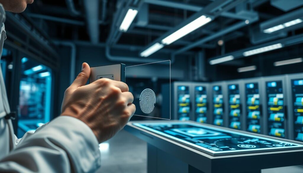 Detailed biometric system testing in a well-lit, modern tech lab. Foreground shows an engineer's hands carefully aligning a fingerprint scanner. Middle ground features a sleek, minimalist security console with holographic interface. Background reveals rows of servers and sophisticated monitoring equipment, conveying advanced security infrastructure. Crisp, high-resolution imagery with dramatic lighting and depth of field, showcasing the precision and complexity of the biometric system installation process.