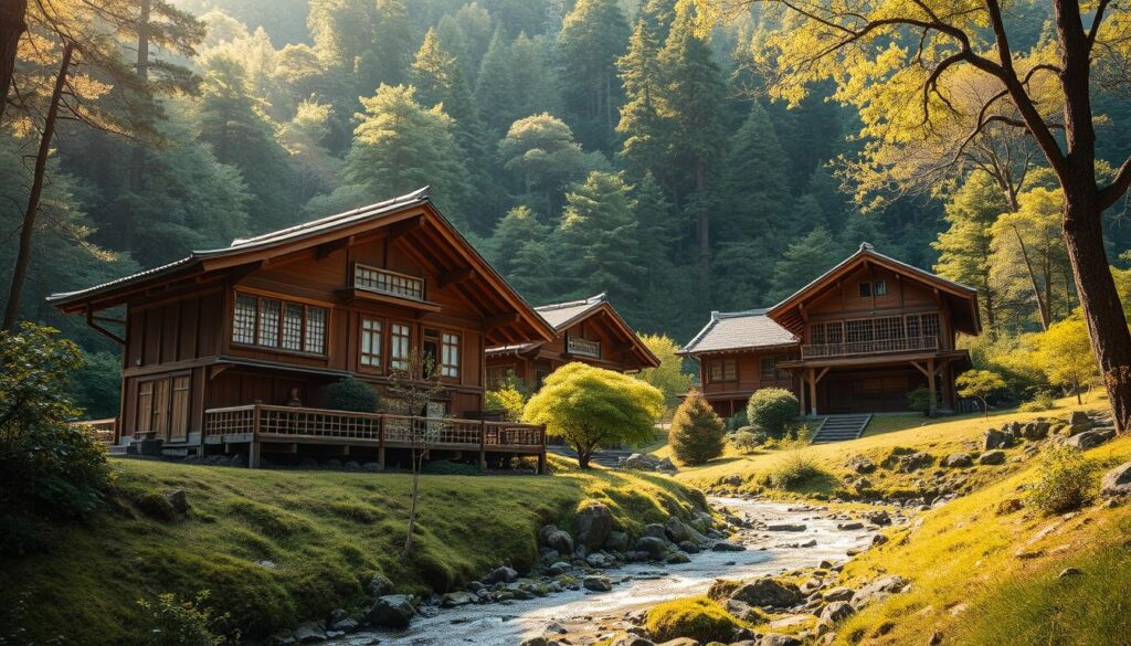 Detailed traditional Japanese wooden cabins nestled in a verdant mountain valley, with intricate timber framing, overhanging eaves, and delicate latticed windows. The cabins are bathed in warm natural lighting filtering through the surrounding forest canopy, creating a serene and rustic atmosphere. In the foreground, a small stream meanders through the scene, its gentle sounds echoing the tranquility. The cabins are positioned organically, as if they have been there for centuries, seamlessly blending with the rugged yet picturesque landscape of the Iya Valley.