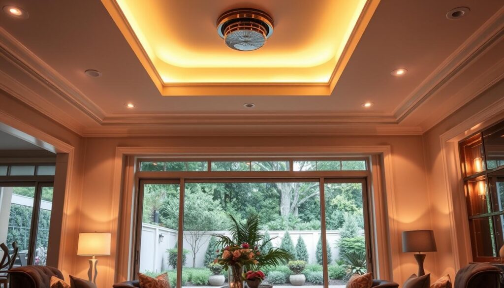 Elegant Art Deco-inspired interior with sleek modern smart lighting fixtures. Warm ambient light from recessed ceiling downlights and wall sconces, with adjustable brightness and color temperature. Polished chrome details, geometric patterns, and sumptuous fabrics create a refined, sophisticated atmosphere. Soft shadows interplay with geometric architectural elements. A large panoramic window looks out onto a lush backyard garden, filtering in natural daylight. The lighting seamlessly integrates with a smart home system, allowing precise control and automation.