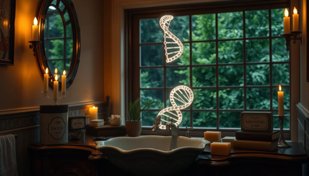 Prompt A serene bathroom interior, dimly lit by warm candlelight. In the foreground, an ornate porcelain sink sits atop an antique wooden vanity, adorned with an array of artisanal soap bars. Each soap is encased in a delicate glass display, the labels showcasing intricate designs that hint at their unique scents and properties. The middle ground features a DNA helix, its double-helix structure glowing with a subtle bioluminescent aura, casting an ethereal glow across the scene. In the background, a large window reveals a lush, verdant garden, hinting at the natural, ancestral connection between the individual and their choice of soap. The overall mood is one of mysticism, tradition, and the intersection of science and self-care.