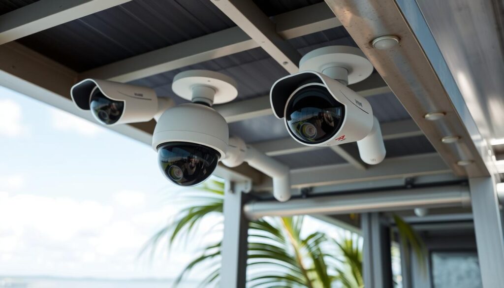 Robust and weatherproof security cameras mounted on rugged steel housings, strategically positioned to provide comprehensive surveillance of a floating solar-powered smart home on the tranquil Lagos Lagoon. Sleek, low-profile designs with vandal-resistant tempered glass domes, protected by impact-resistant casings. Intelligent night vision and wide-angle lenses capture crystal-clear footage even in low-light conditions. Wireless connectivity and solar charging ensure reliable, off-grid operation, ready to withstand the elements of the tropical lakeside environment. A harmonious blend of cutting-edge technology and resilient durability, engineered to safeguard the luxury floating residence against potential threats.